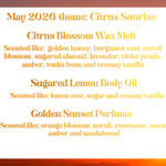 Product line description for May 2026 theme 'Citrus Sunrise' with scents listed against a sunset background.