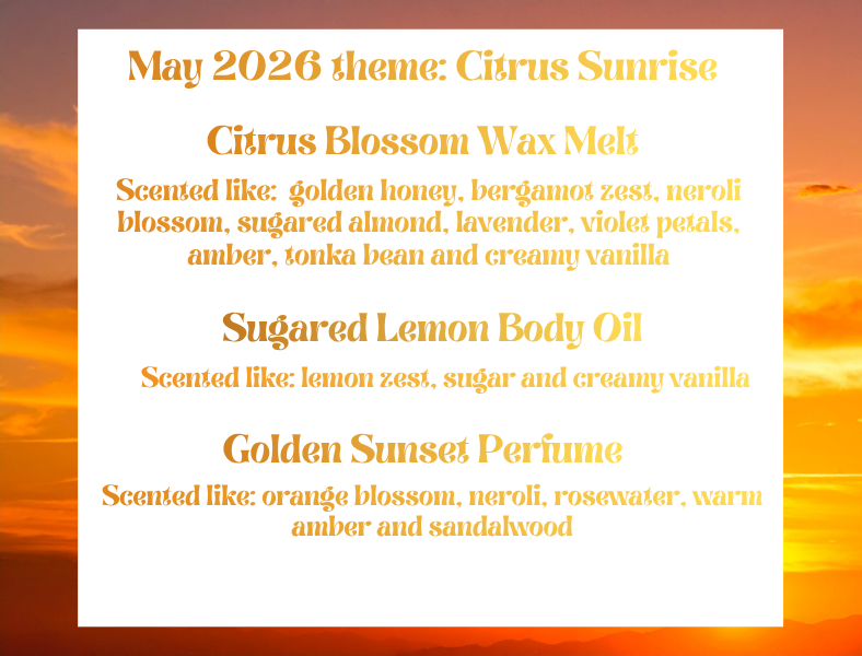 Product line description for May 2026 theme 'Citrus Sunrise' with scents listed against a sunset background.