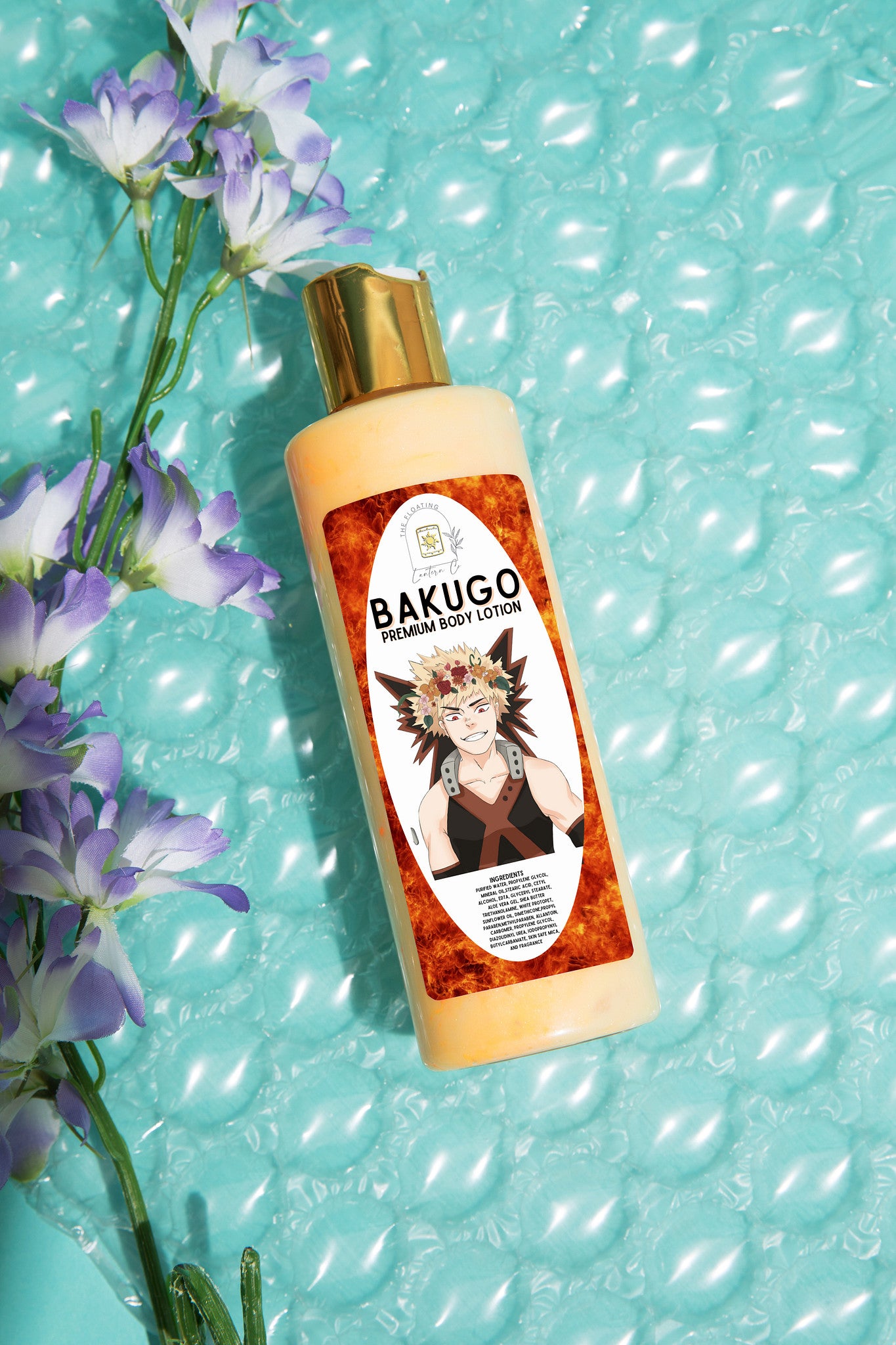 Bakugo themed bottle of lotion on a textured turquoise background with flowers.