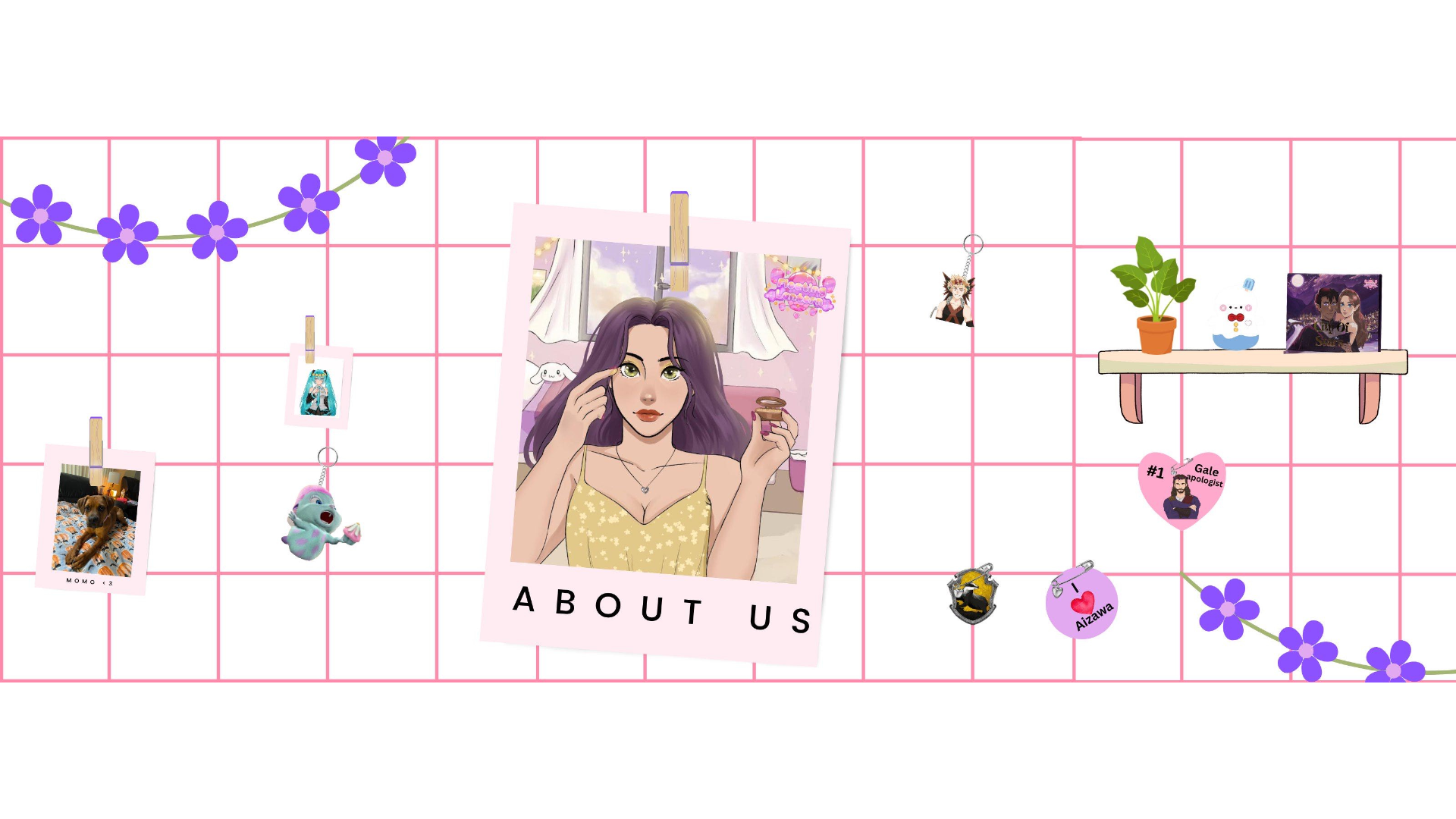 Collage of photos and illustrations with a 'About Us' text on a grid background.