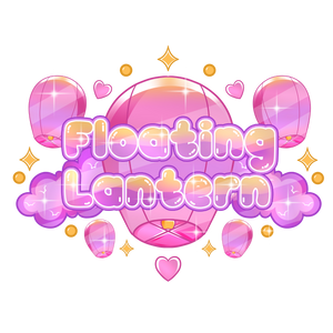 Decorative text 'Floating Lantern' with pink lanterns, hearts, and stars on a white background